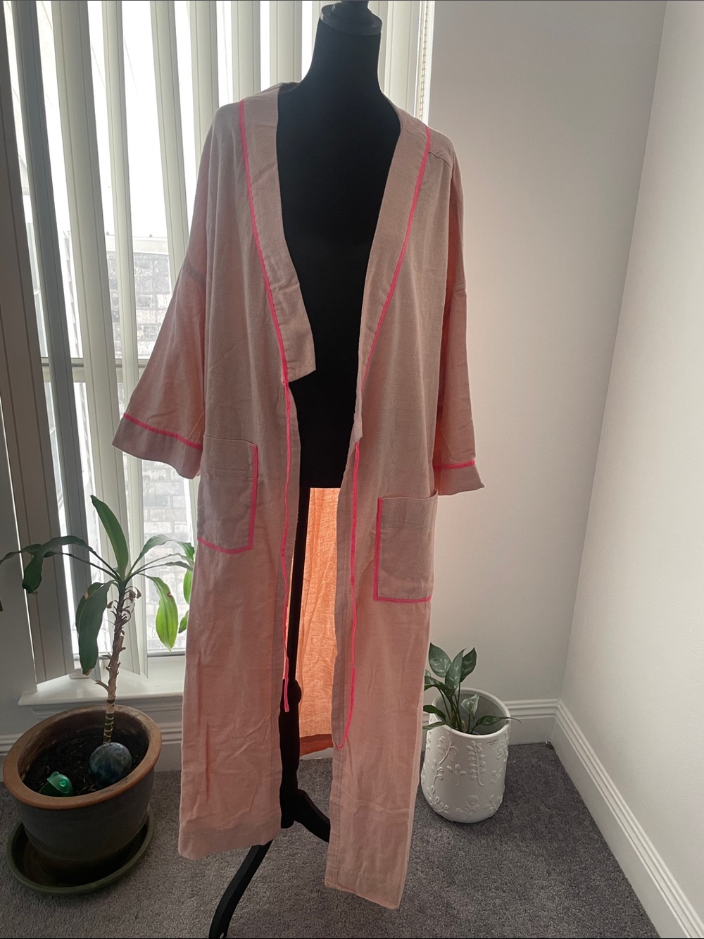 Neon Peach Combo Women's Long Open-Front Robe with Neon Pink Trim